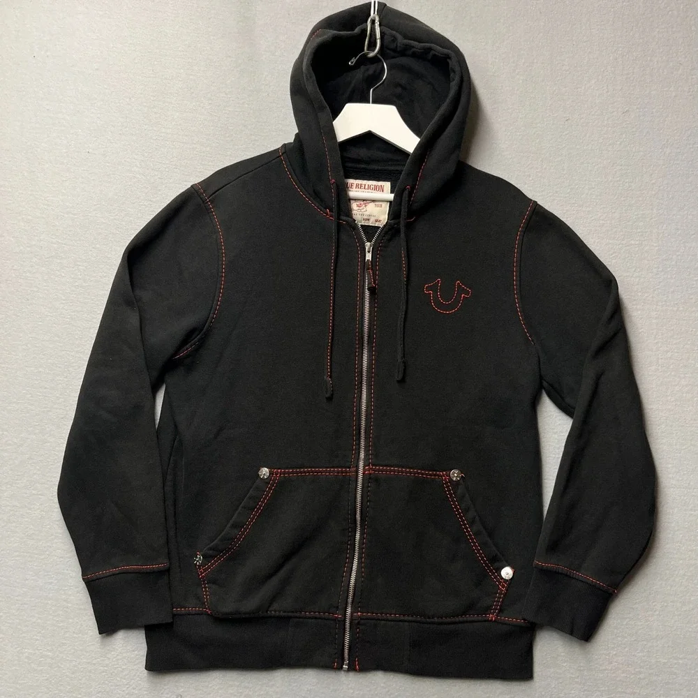 True Religion Mens World Tour Zip Hoodie Black Red Contrast Stitch Large Buddha